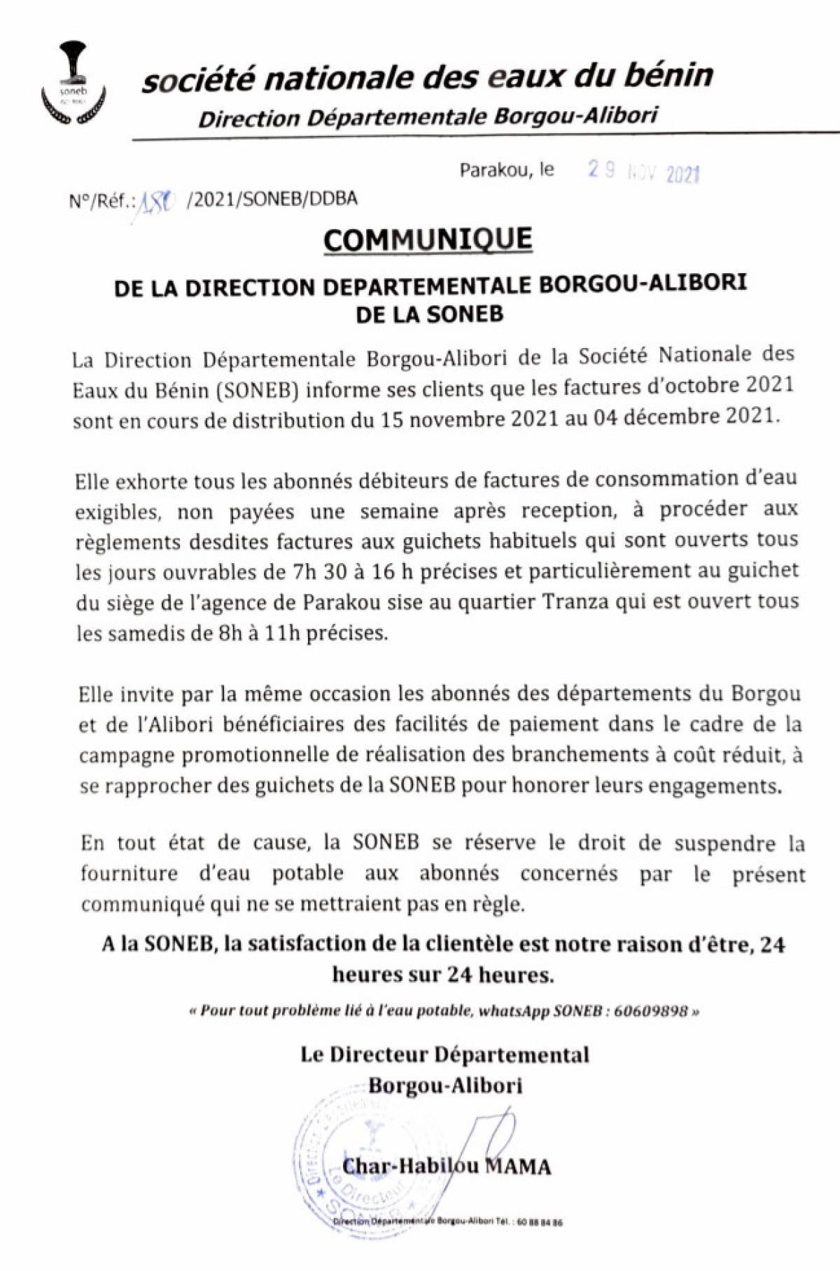 SONEB BORGOU-ALIBORI : Le directeur invite les abonnés à payer leurs factures