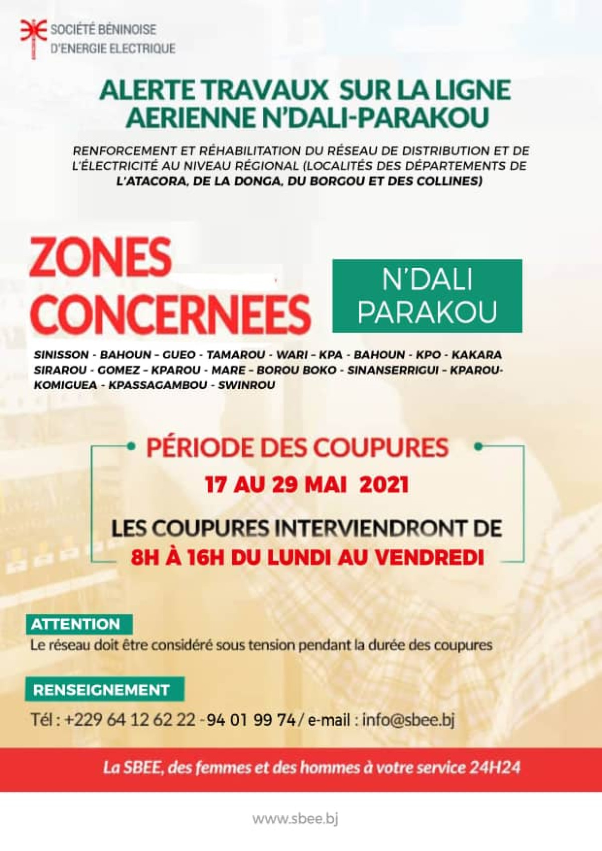 SBEE/TRAVAUX SUR LA LIGNE AERIENNE N’DALI-PARAKOU : Des coupures d’énergie électrique annoncées jusqu’au 29 mai
