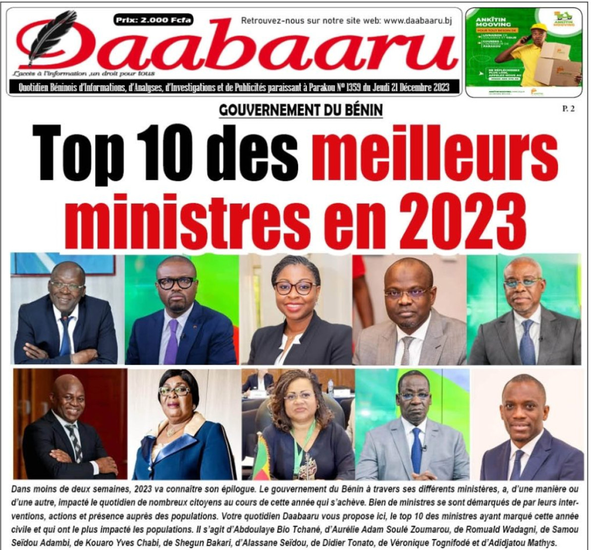 GOUVERNEMENT DU BÉNIN : Top 10 des meilleurs ministres en 2023