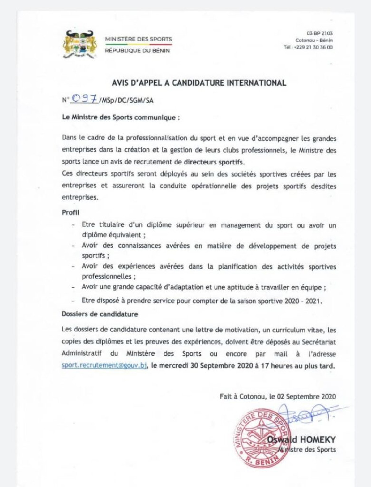 BENIN/SPORT : Recrutement des directeurs sportifs au profit des sociétés sportives