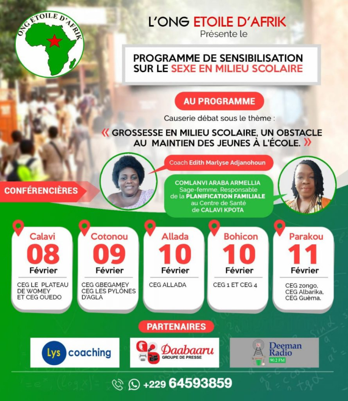 LUTTE CONTRE LES GROSSESSES EN MILIEU SCOLAIRE AU BÉNIN : L&rsquo;Ong Etoile d&rsquo;Afrik entame une tournée nationale de sensibilisation dès demain