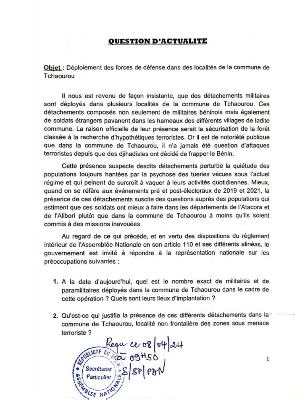 PRÉSENCE ÉTRANGE DES MILITAIRES DANS DES LOCALITÉS DE TCHAOUROU : Les députés « Les Démocrates » demandent des explications au gouvernement 