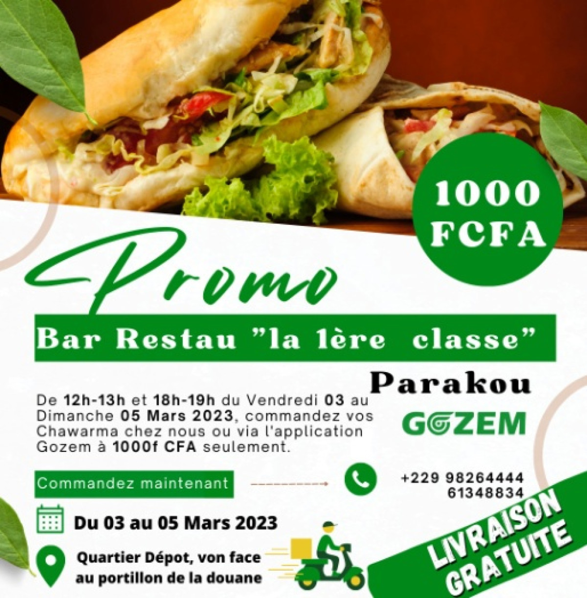 BAR RESTAURANT AUBERGE LA 1ERE CLASSE À PARAKOU : Offrez-vous du bon Shawarma à partir de 1 000 F