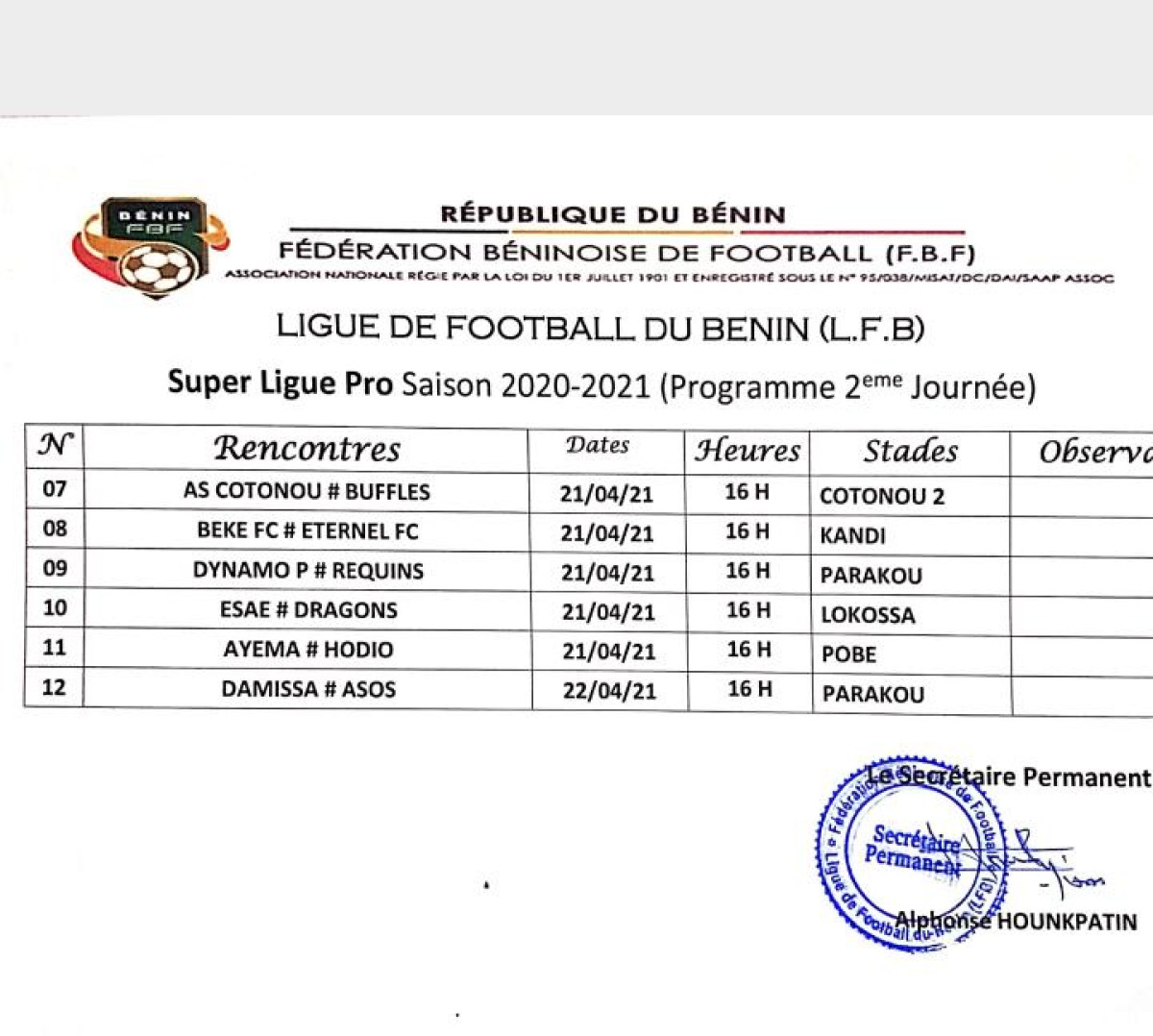 SUPER LIGUE PRO : Voici le programme de la deuxième journée