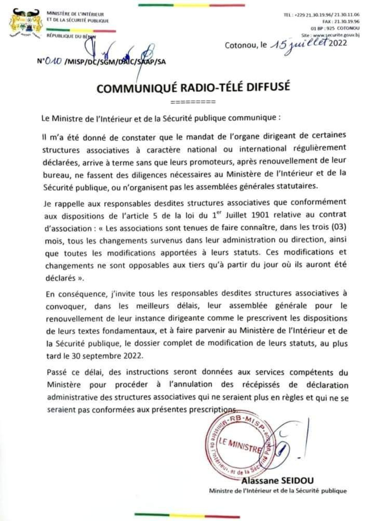 NON RENOUVELLEMENT DE L’ORGANE DIRIGEANT DE CERTAINES ASSOCIATIONS : Les responsables des structures concernées invités à se conformer à la loi