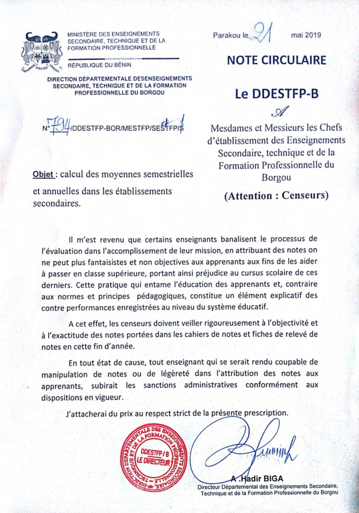 ATTRIBUTION DES NOTES FANTAISISTES AUX ELEVES EN FIN D&rsquo;ANNEE DANS LE BORGOU : Hadir Biga met en garde les censeurs et enseignants indélicats