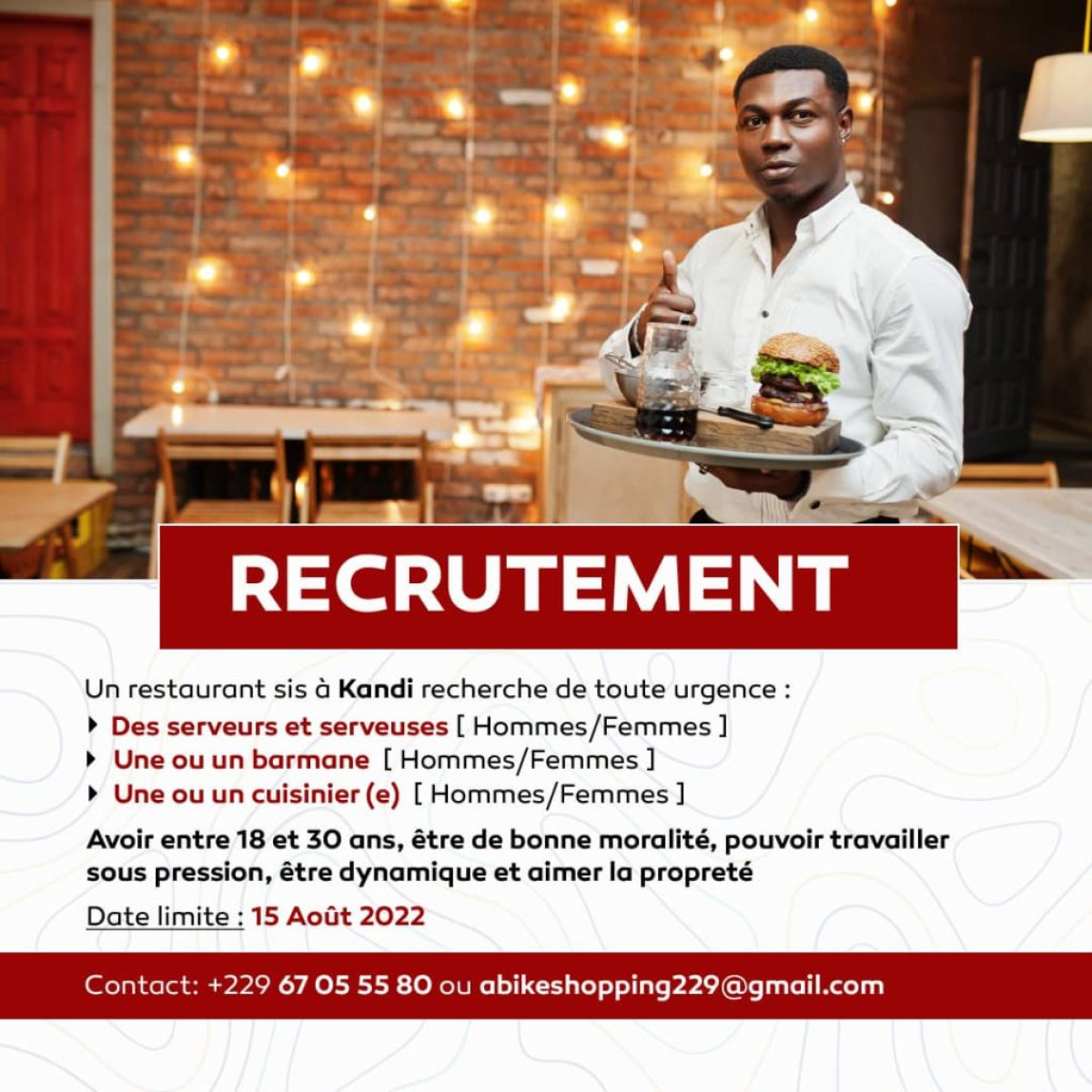 ALIBORI : Un restaurant à Kandi recrute des employés