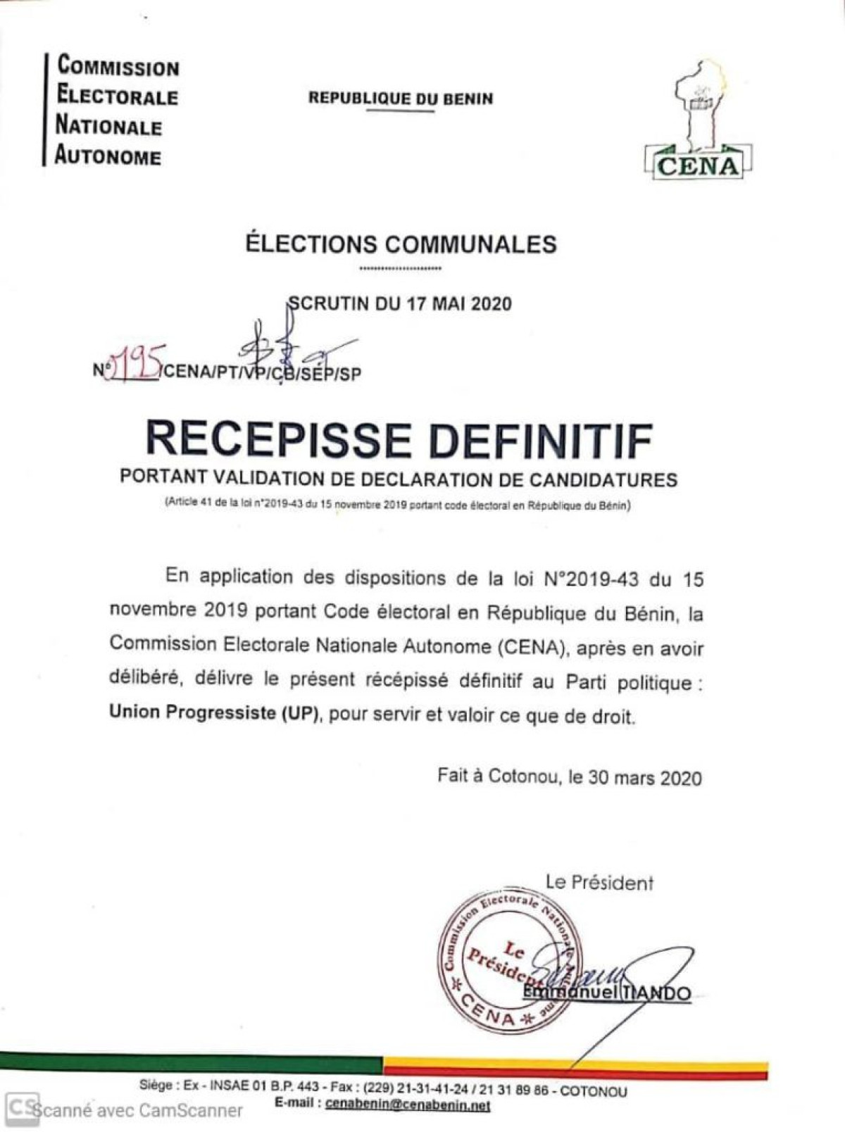 DELIVRANCE DE RECEPISSES DEFINITIFS : Les 5 partis en lice en possession du précieux sésame