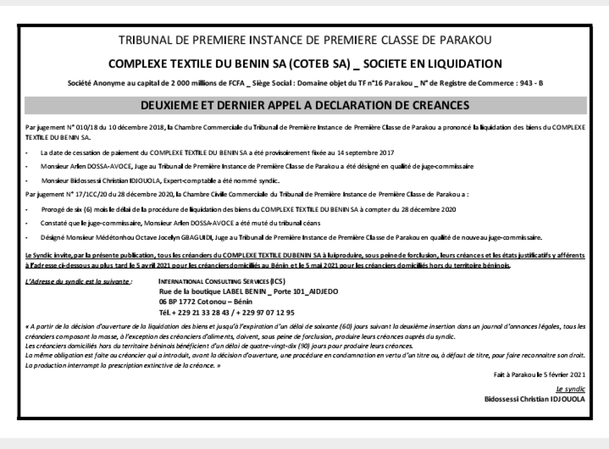 LIRE UN IMPORTANT DEUXIEME ET DERNIER APPEL A DECLARATION DE CREANCES DE COTEB