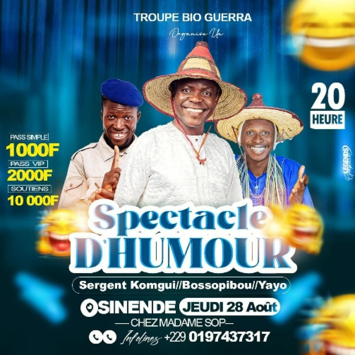 Spectacle d'humour à Sinendé: Sergent Komgui, Bossopibou et Yayo vous emballent le 28 août