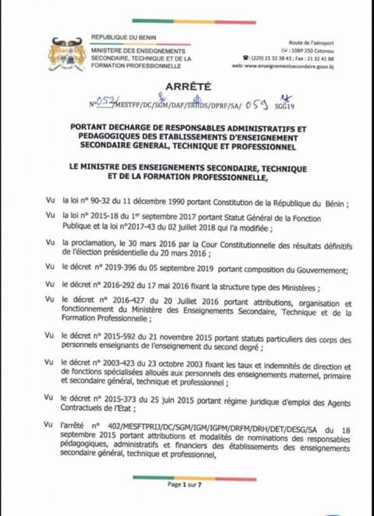 ENSEIGNEMENT SECONDAIRE AU BÉNIN  Plusieurs responsables administratifs et pédagogiques déchargés .La liste complète par département