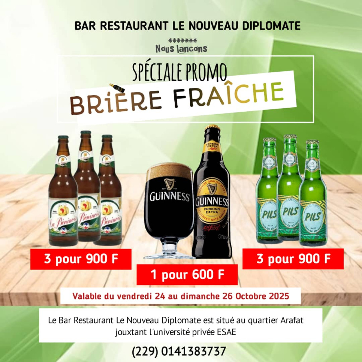 Parakou/Spéciale promo au bar-restaurant "Le nouveau diplomate": des offres exceptionnelles dès ce vendredi 24 octobre