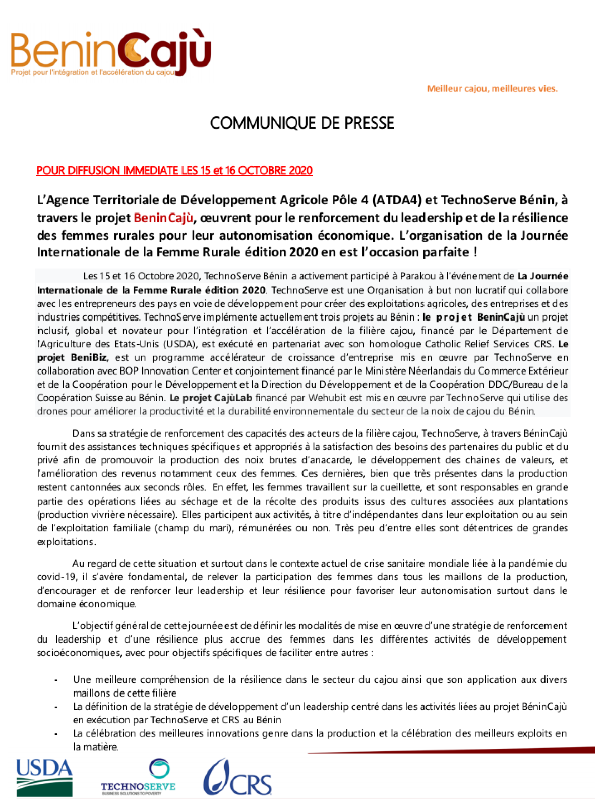 JOURNÉE INTERNATIONALE DE LA FEMME RURALE ÉDITION 2020 : TechnoServe Bénin et l&rsquo;Atda4 célèbrent l&rsquo;événement ce jour à Parakou