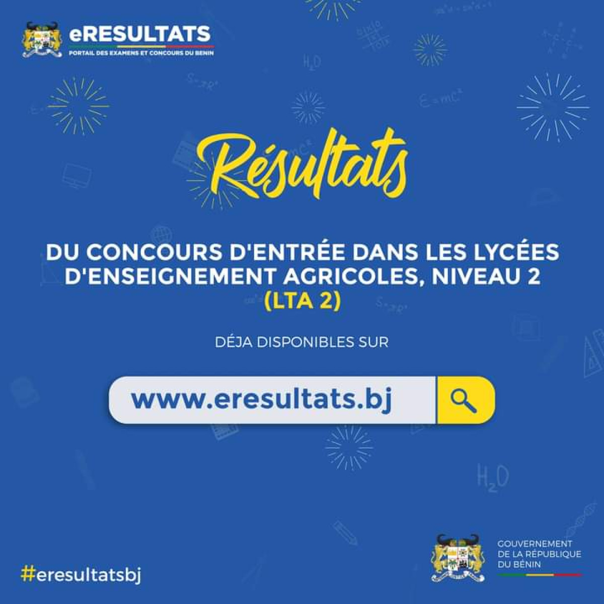 CONCOURS D&rsquo;ENTRÉE DANS LES LYCÉES TECHNIQUES AGRICOLES AU BÉNIN : Les résultats disponibles sur https://www.eresultats.bj