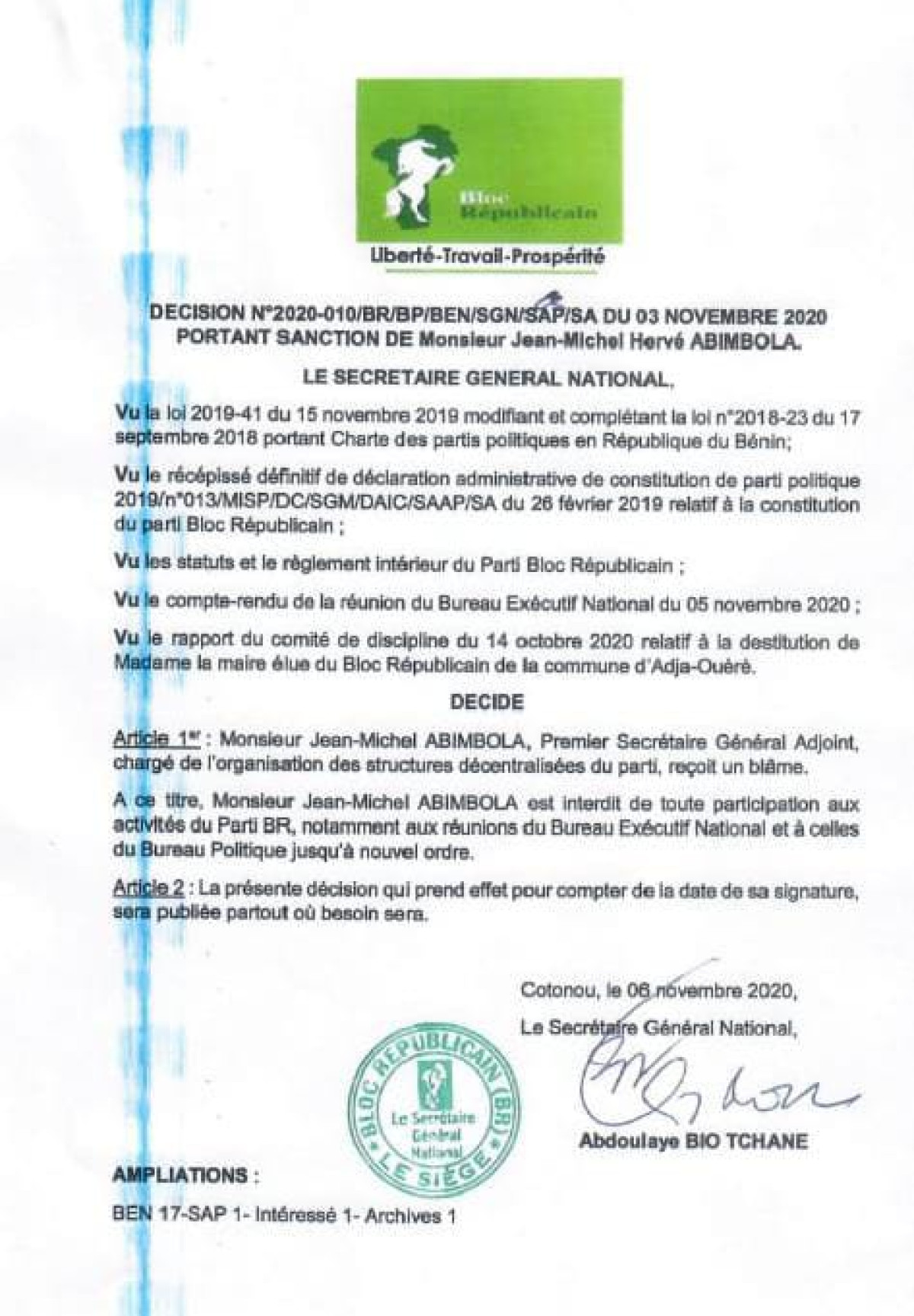 BLOC RÉPUBLICAIN : Jean Michel Abimbola suspendu