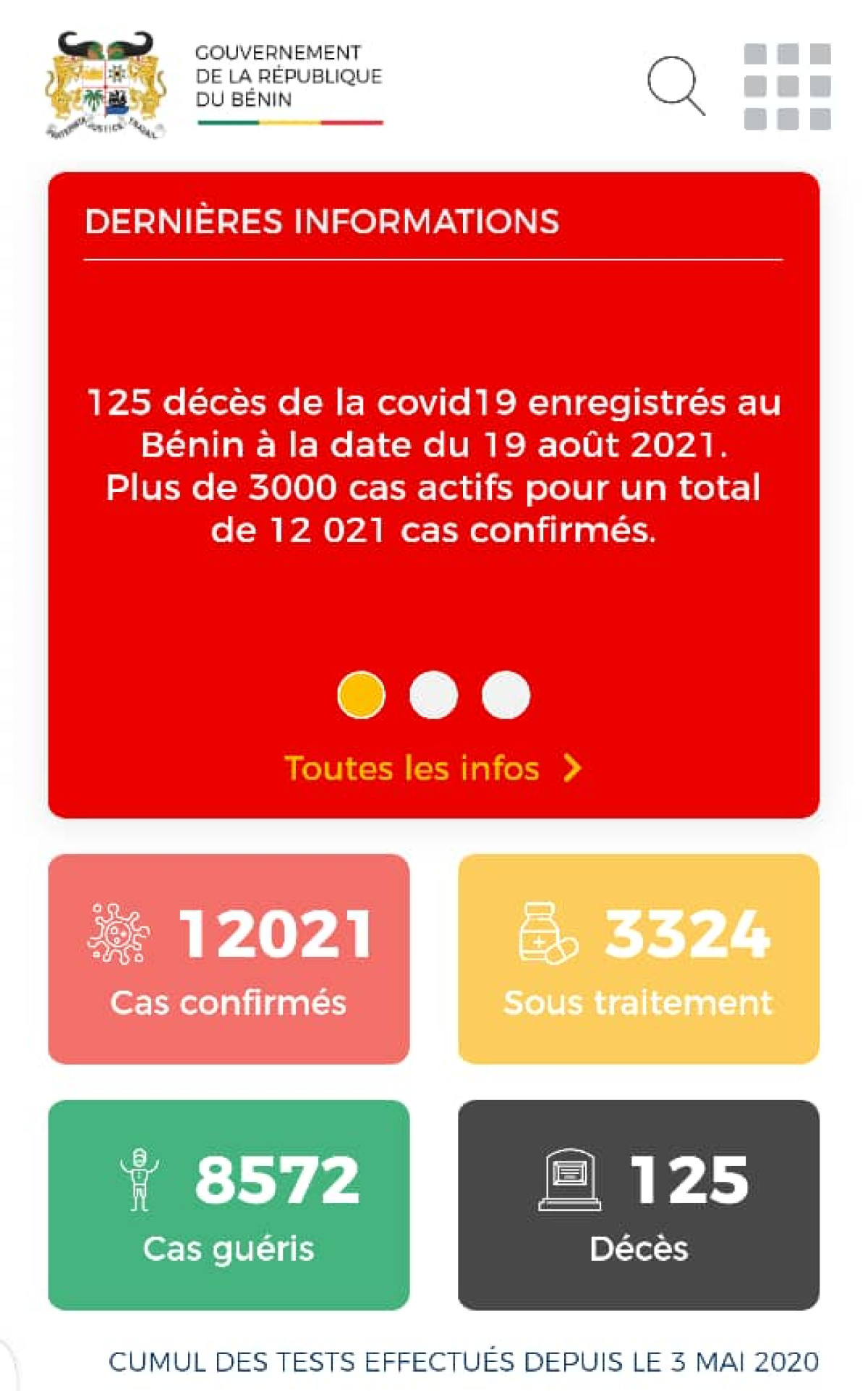 SITUATION DU CORONAVIRUS AU BENIN: Plus de 12 000 cas enregistrés dont 8 572 guéris et 125 décès