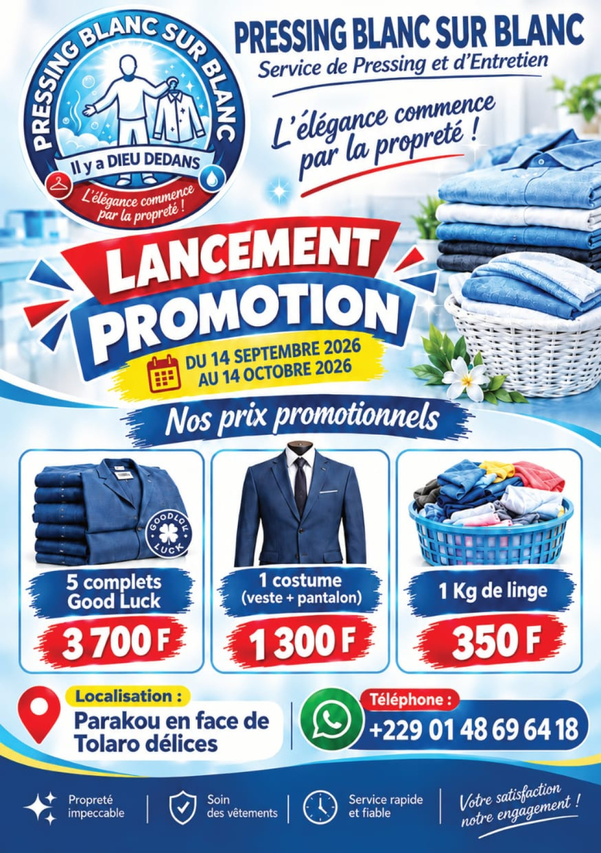 Ouverture du pressing Blanc sur blanc à Parakou: optez pour des vêtements propres à moindre coût