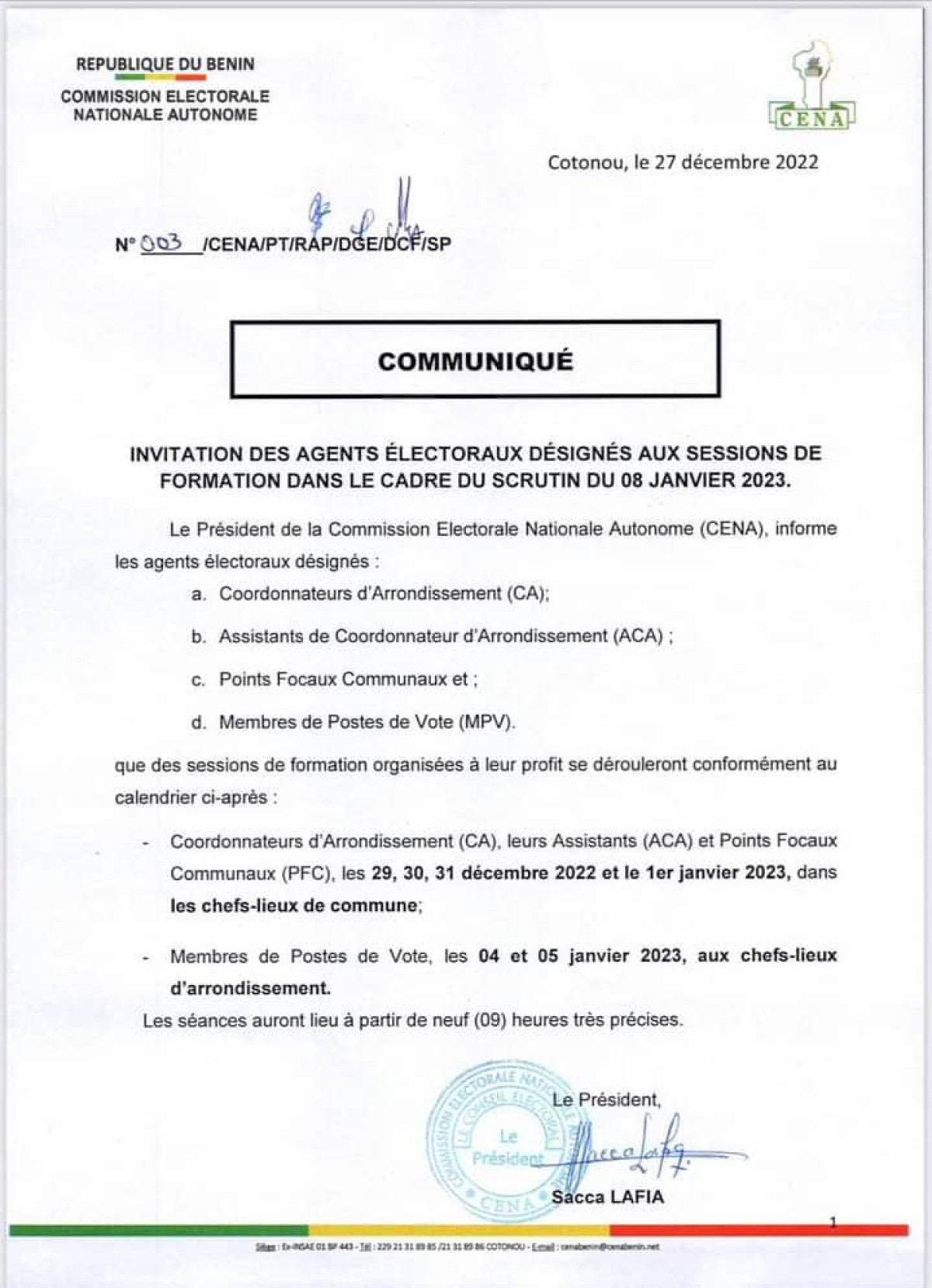 LÉGISLATIVES DU 8 JANVIER 2023 AU BÉNIN :  La Céna donne les dates des sessions de formation des agents électoraux
