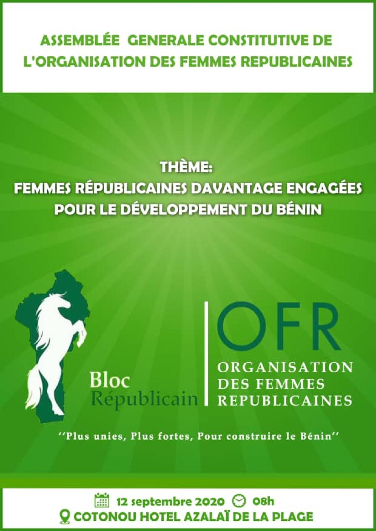ASSEMBLEE GÉNÉRALE CONSTITUTIVE DE L’ORGANISATION DES FEMMES RÉPUBLICAINES: L’événement est à suivre en direct sur la page facebook du Bloc Républicain