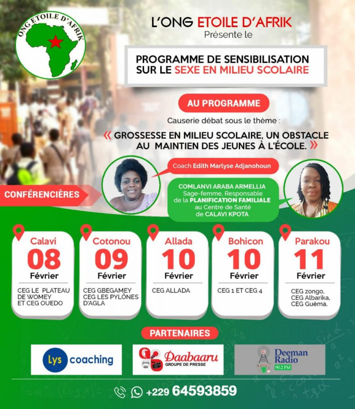 LUTTE CONTRE LES GROSSESSES EN MILIEU SCOLAIRE AU BÉNIN : L’Ong Etoile d’Afrik entame une tournée nationale de sensibilisation dès demain