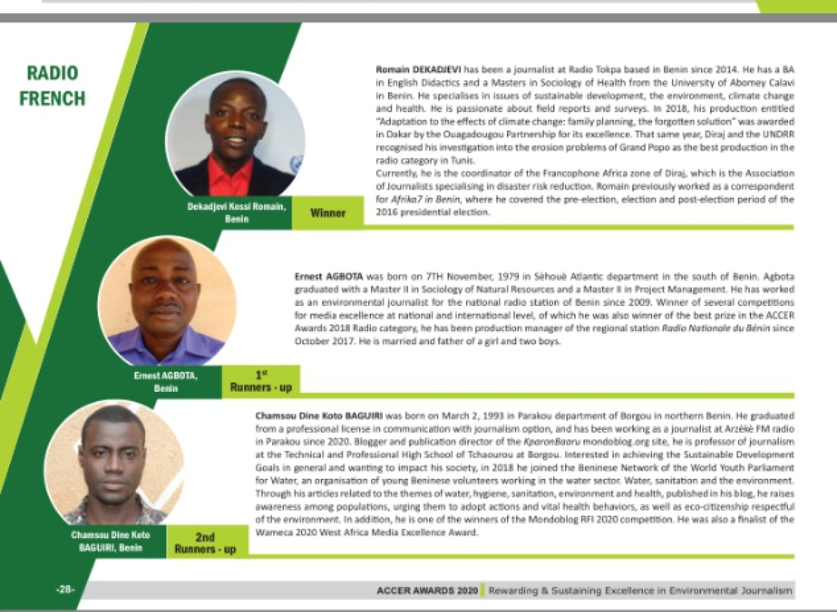 AFRICAN CLIMATE CHANGE AND ENVIRONMENT REPORTING AWARDS 2020 : Trois journalistes béninois récompensés dans la catégorie radio française