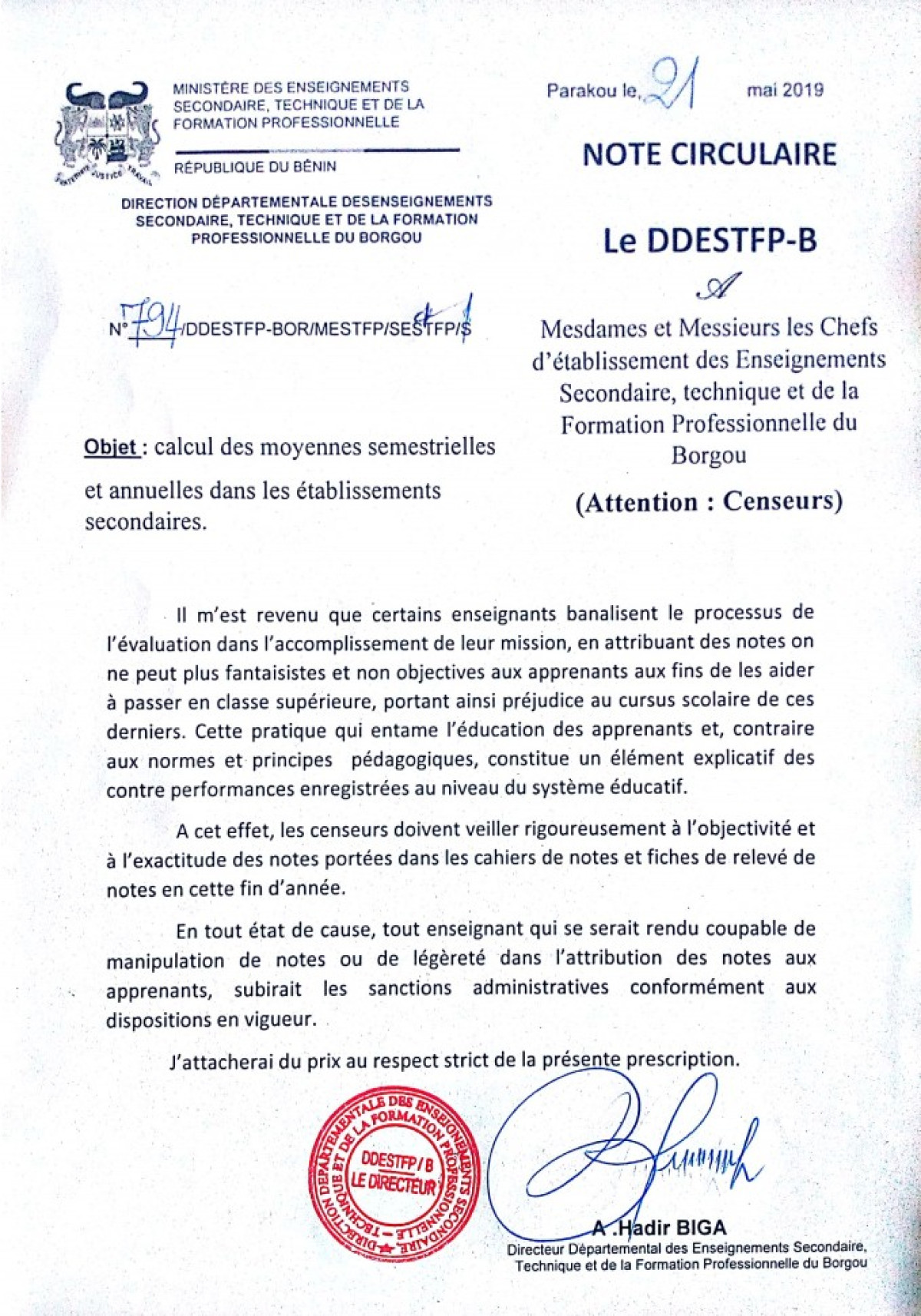 ATTRIBUTION DES NOTES FANTAISISTES AUX ELEVES EN FIN D&rsquo;ANNEE DANS LE BORGOU : Hadir Biga met en garde les censeurs et enseignants indélicats