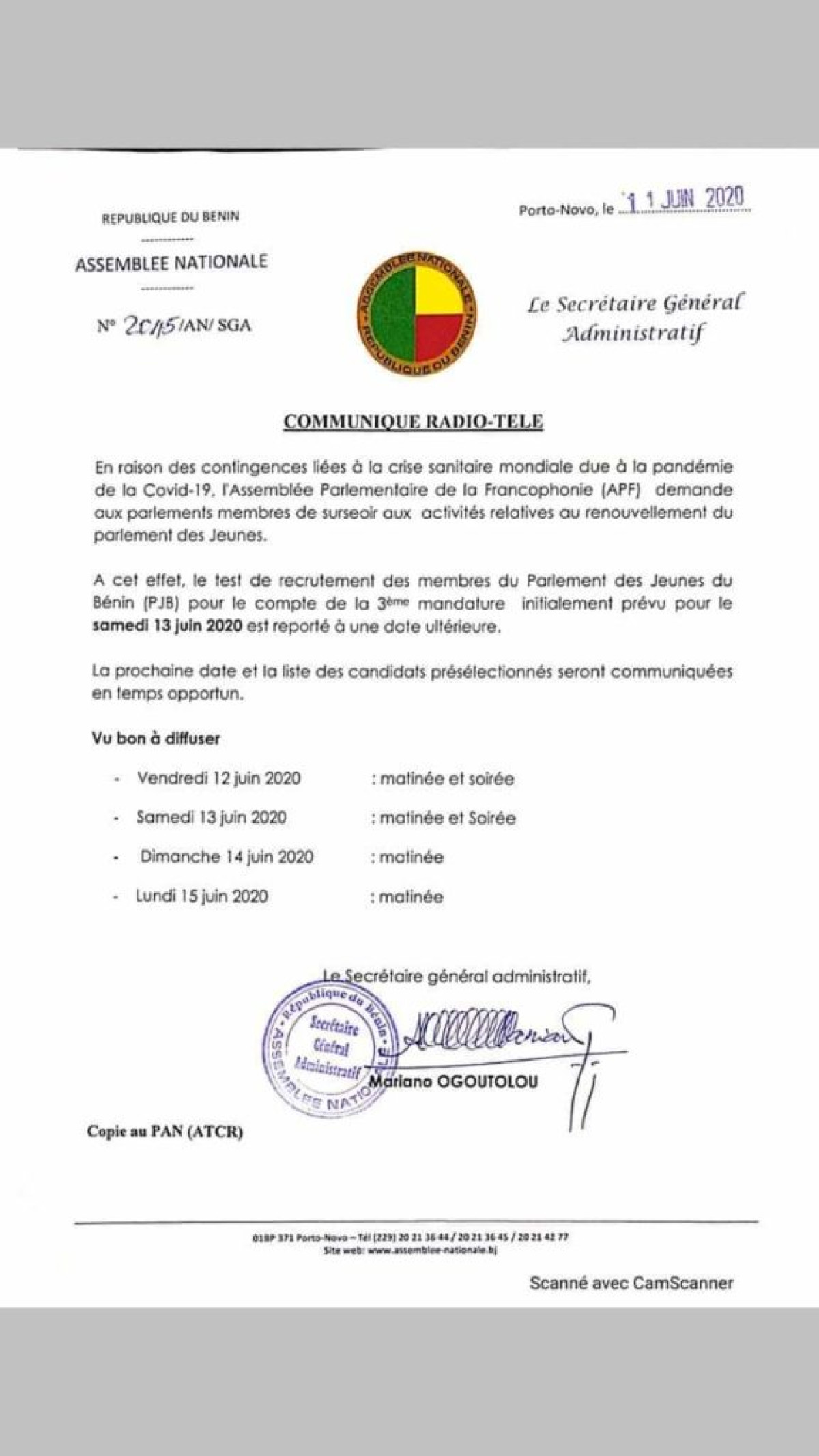 BÉNIN/ASSEMBLÉE NATIONALE :  Le test de recrutement des jeunes parlementaires reporté