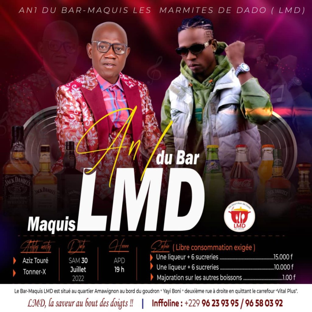 AN 1 DU BAR, MAQUIS LES MARMITES DE DADO À PARAKOU :  Un géant concert offert à la population ce samedi  . Aziz Touré et Tonner X sur scène