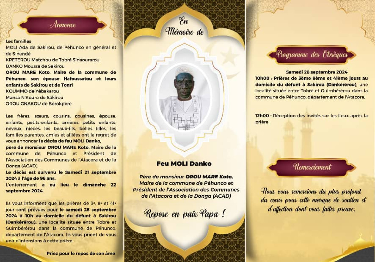 OUASSA-PÉHUNCO : Le maire Orou Maré Koto a perdu son géniteur  . Les prières musulmanes prévues le 28 septembre prochain