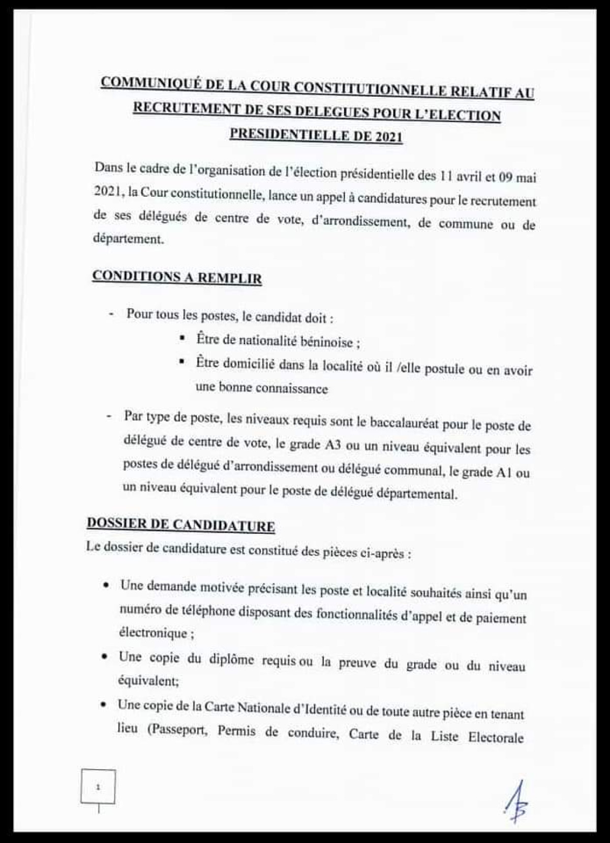 BÉNIN/POUR LA PRÉSIDENTIELLE DU 11 AVRIL PROCHAIN : La Cour Constitutionnelle lance le recrutement de ses délégués . Voir les pièces à fournir