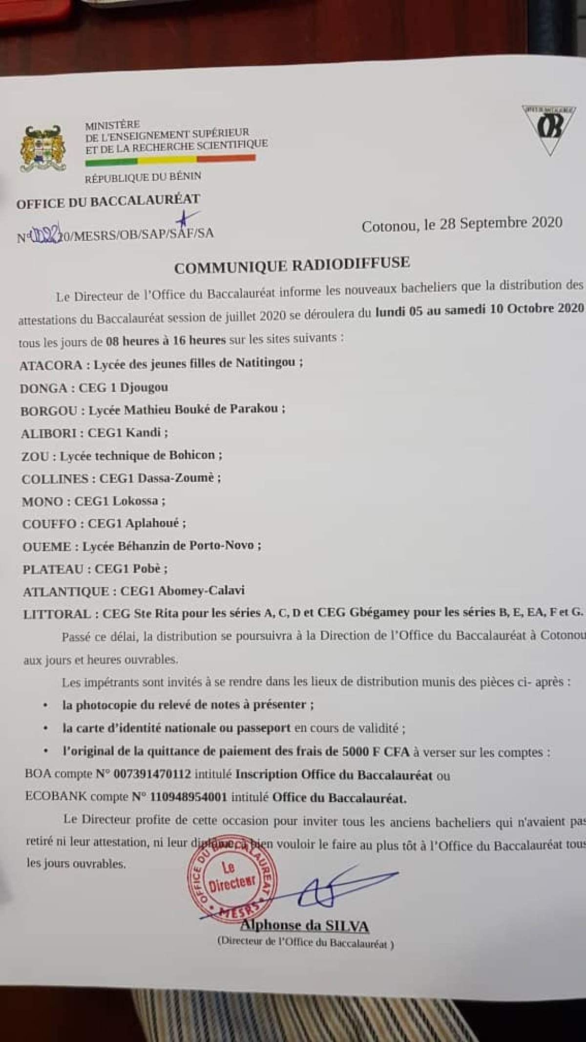BAC 2020 AU BÉNIN : Le retrait des attestations démarre le 5 octobre prochain