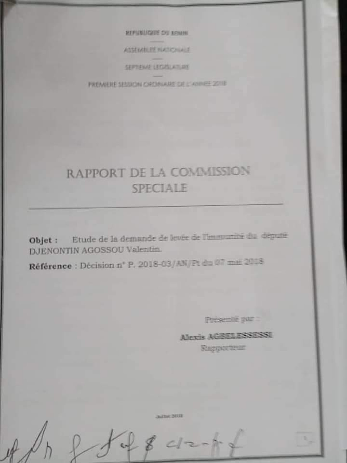 ASSEMBLÉE NATIONALE: Voici le rapport de la commission spéciale chargée de l’étude de la levée de l’immunité parlementaire de l’He Valentin Djènontin