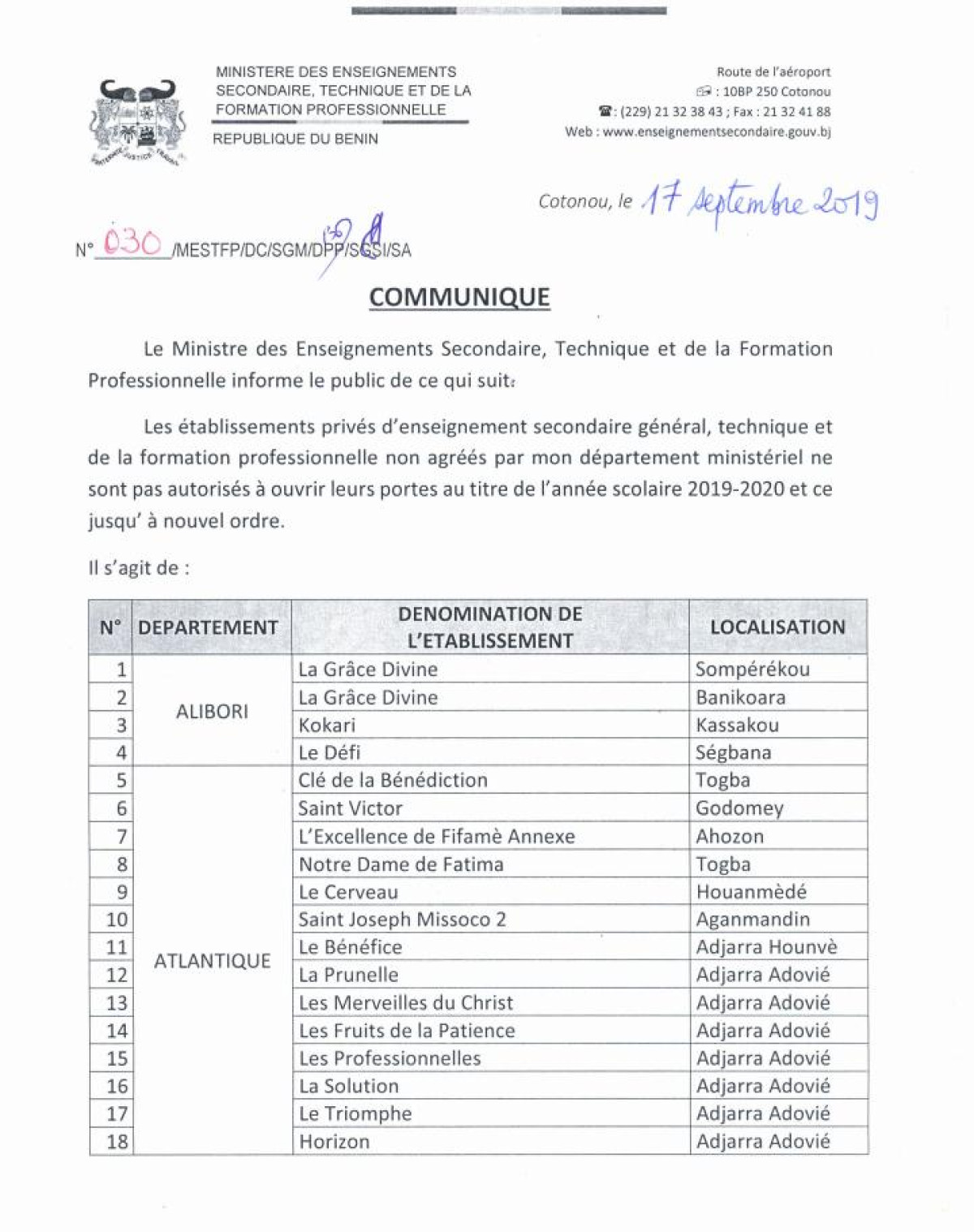 POUR DEFAUT D&rsquo;AGREMENT, 33 collèges privés fermés au Bénin