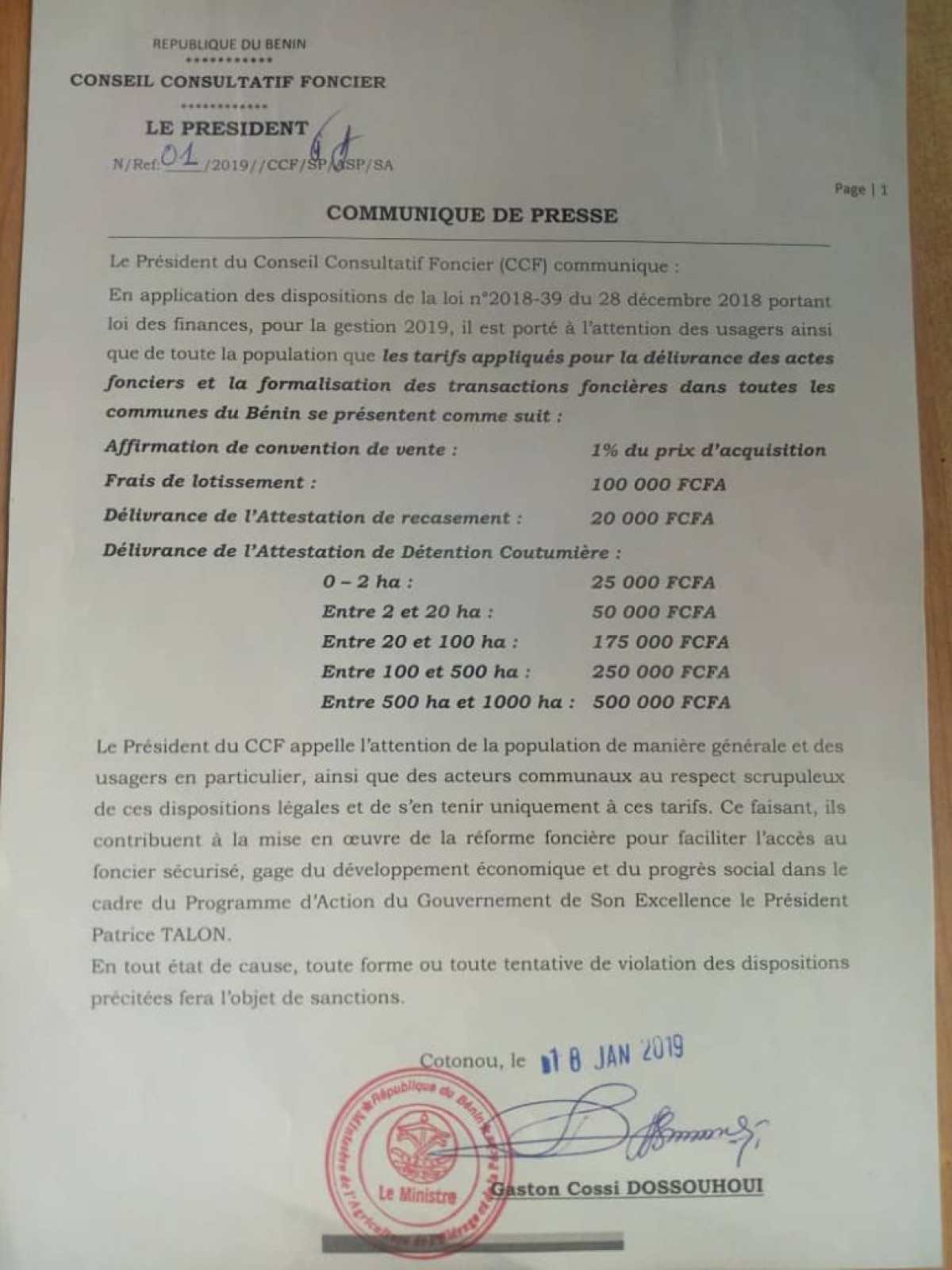 CONSEIL CONSULTATIF FONCIER : Voici les nouveaux tarifs appliqués pour la délivrance des actes fonciers et la formalisation des transactions foncières