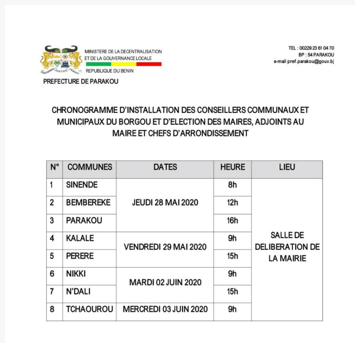 BÉNIN : Chronogramme de l’élection des maires dans le Borgou
