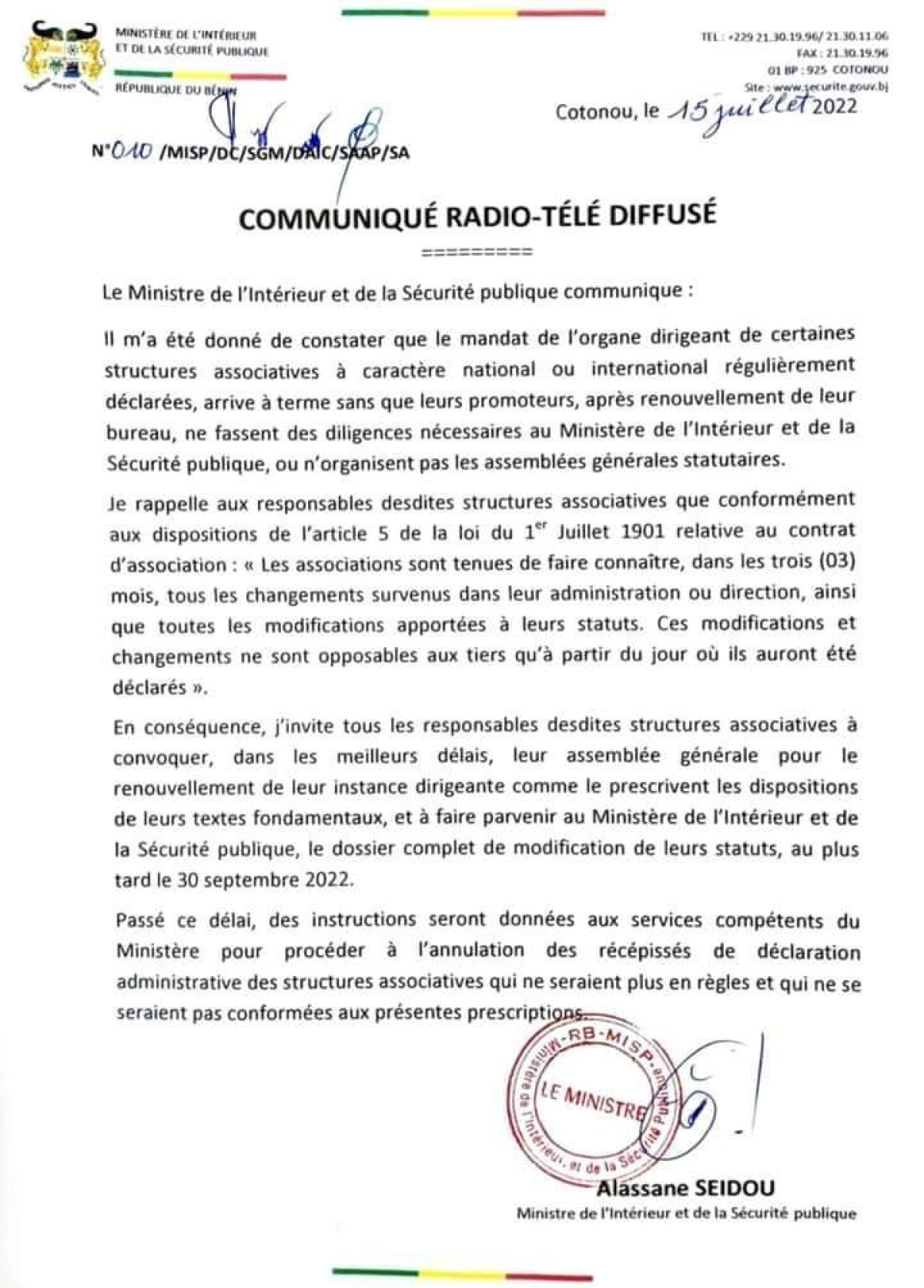 NON RENOUVELLEMENT DE L&rsquo;ORGANE DIRIGEANT DE CERTAINES ASSOCIATIONS : Les responsables des structures concernées invités à se conformer à la loi
