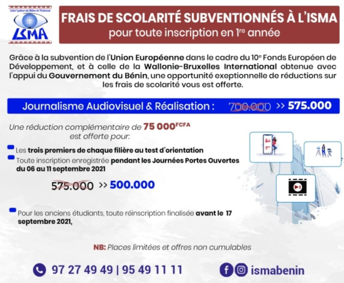 POUR TOUTE INSCRIPTION EN PREMIERE ANNEE POUR LE COMPTE DE LA RENTREE 2021-2022 : L&rsquo;Isma subventionne les frais de scolarité