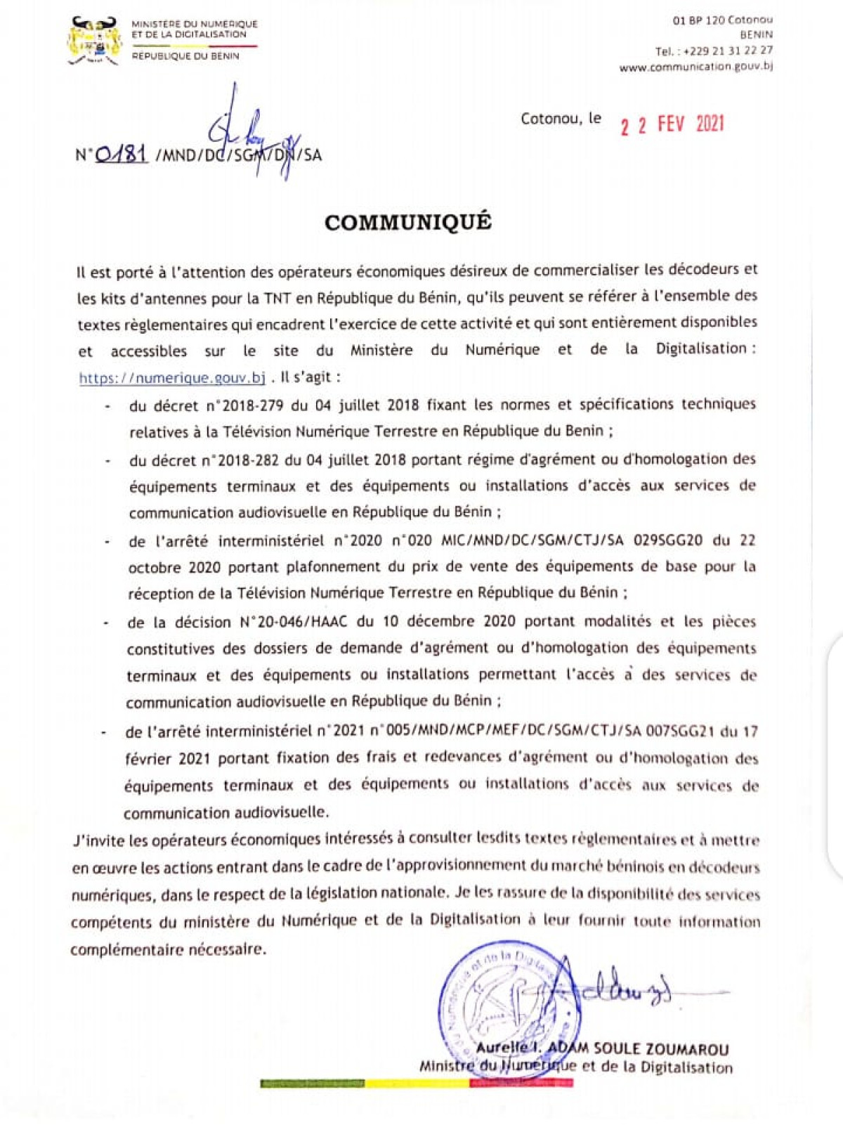 COMMERCIALISATION DES DÉCODEURS ET KITS D’ANTENNES POUR LA TNT AU BÉNIN : Un important communiqué à l’endroit des opérateurs économiques