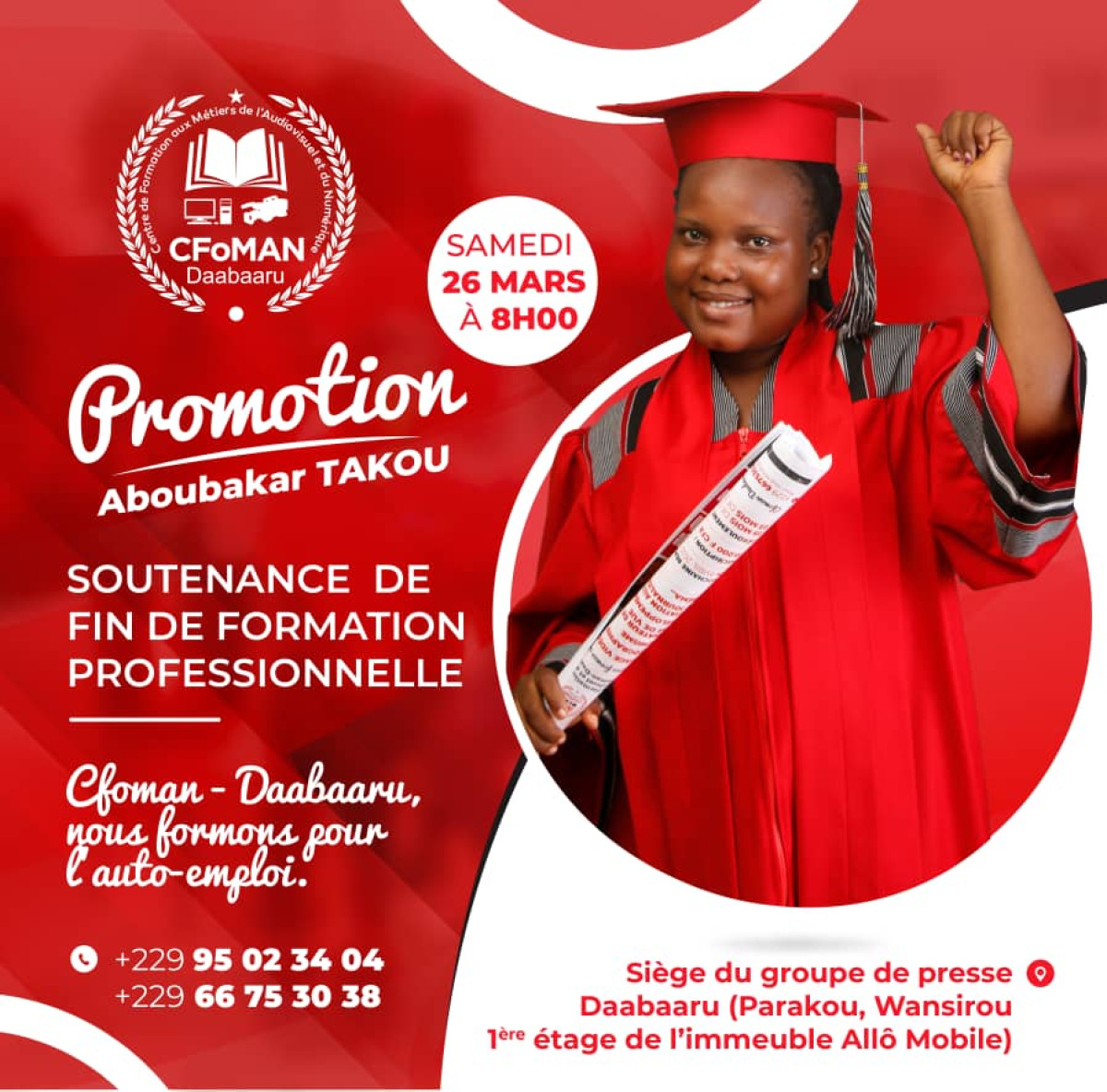 CENTRE DE FORMATION AUX MÉTIERS DE L’AUDIOVISUEL ET DU NUMÉRIQUE (CFOMAN-DAABAARU) : Les étudiants de la 1ère promotion planchent ce samedi . Aboubakar Takou parrain
