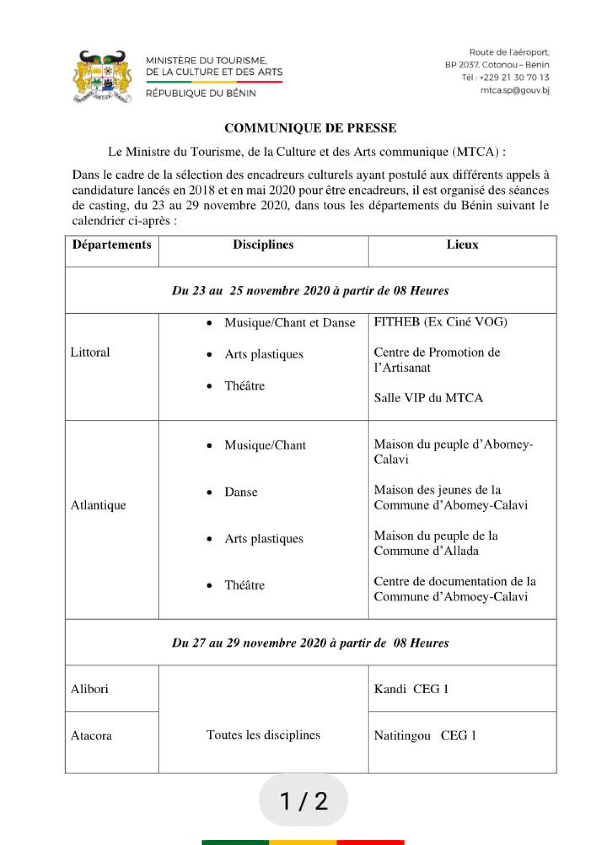 SÉLECTION DES ENCADREURS CULTURELS DU MTCA : Voici le programme de déroulement des castings