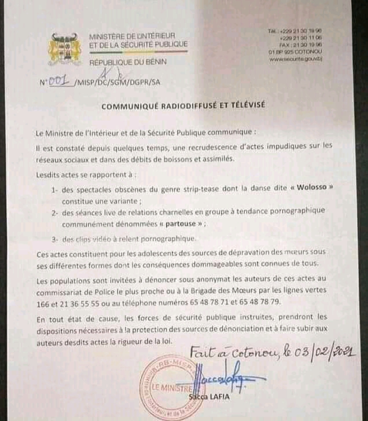 ACTES IMPUDIQUES SUR LES RÉSEAUX SOCIAUX ET DANS LES DEBITS DE BOISSONS : Le ministre Sacca Lafia prévient
