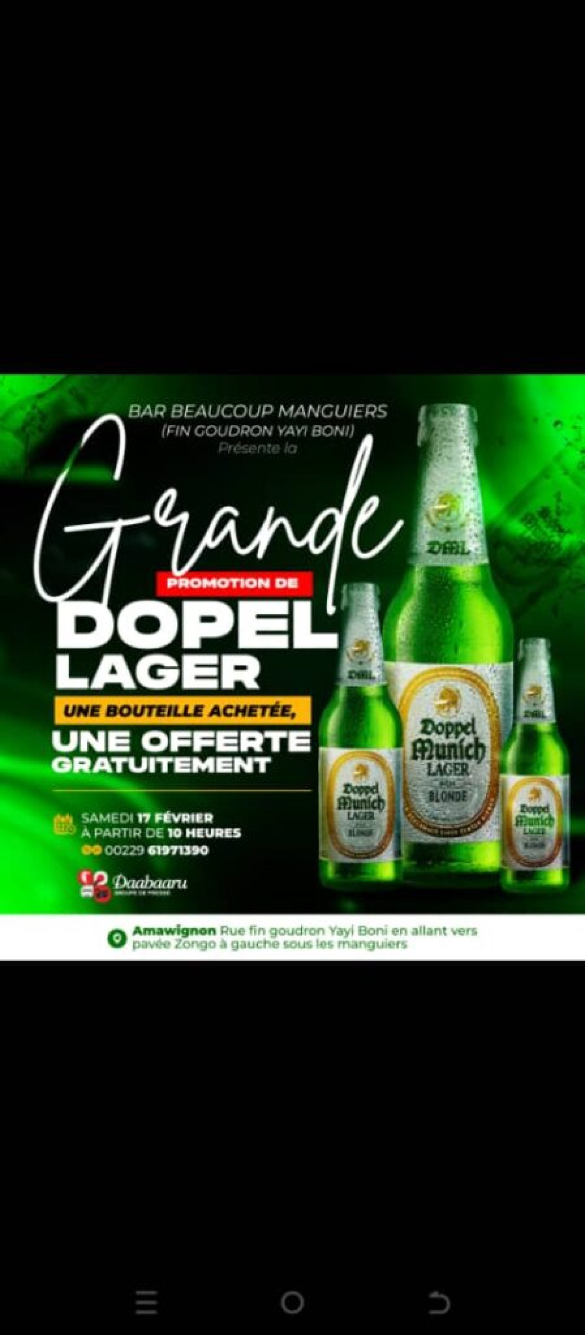 SOIRÉE DOPEL AU BAR « BEAUCOUP MANGUIERS » À PARAKOU   :   Une bouteille achetée, une autre offerte      . C&rsquo;est ce samedi 17 février 2024