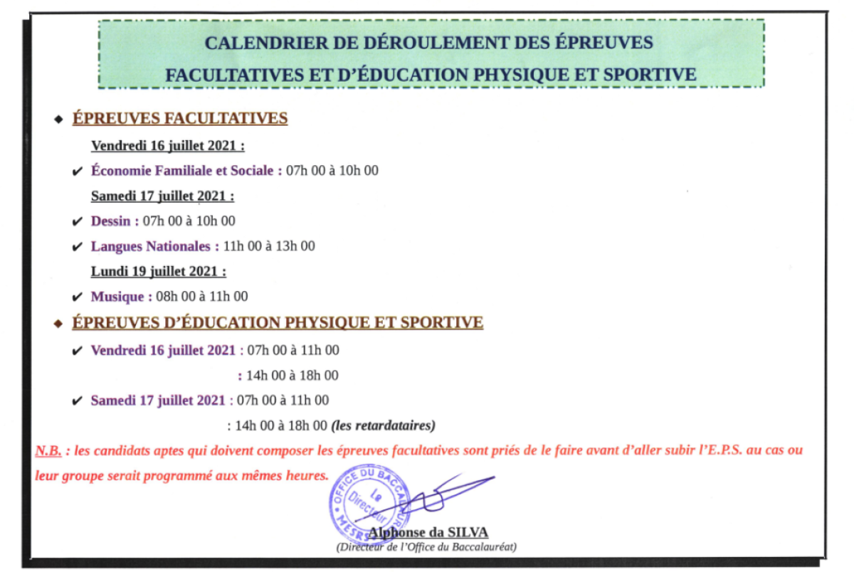 BACCALAURÉAT : Le programme du déroulement des épreuves facultatives et d&rsquo;Eps