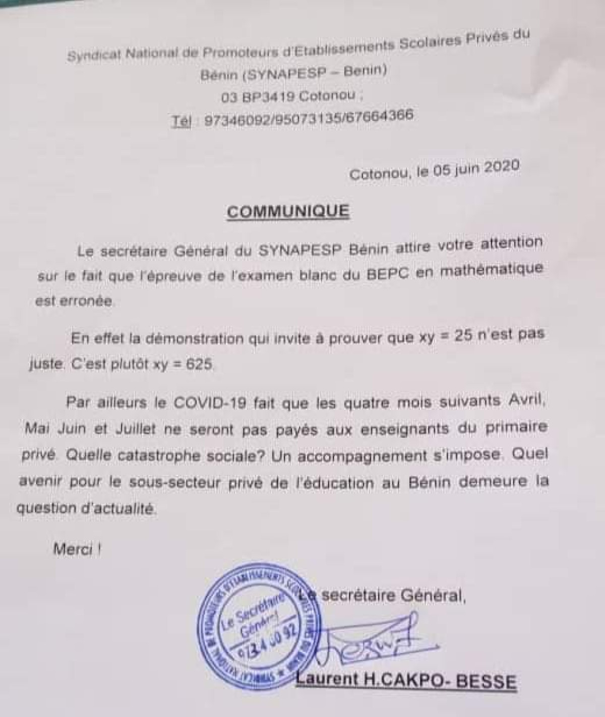 BÉNIN/BEPC BLANC 2020 : Le Synapesp déclare l’épreuve de mathématique erronée