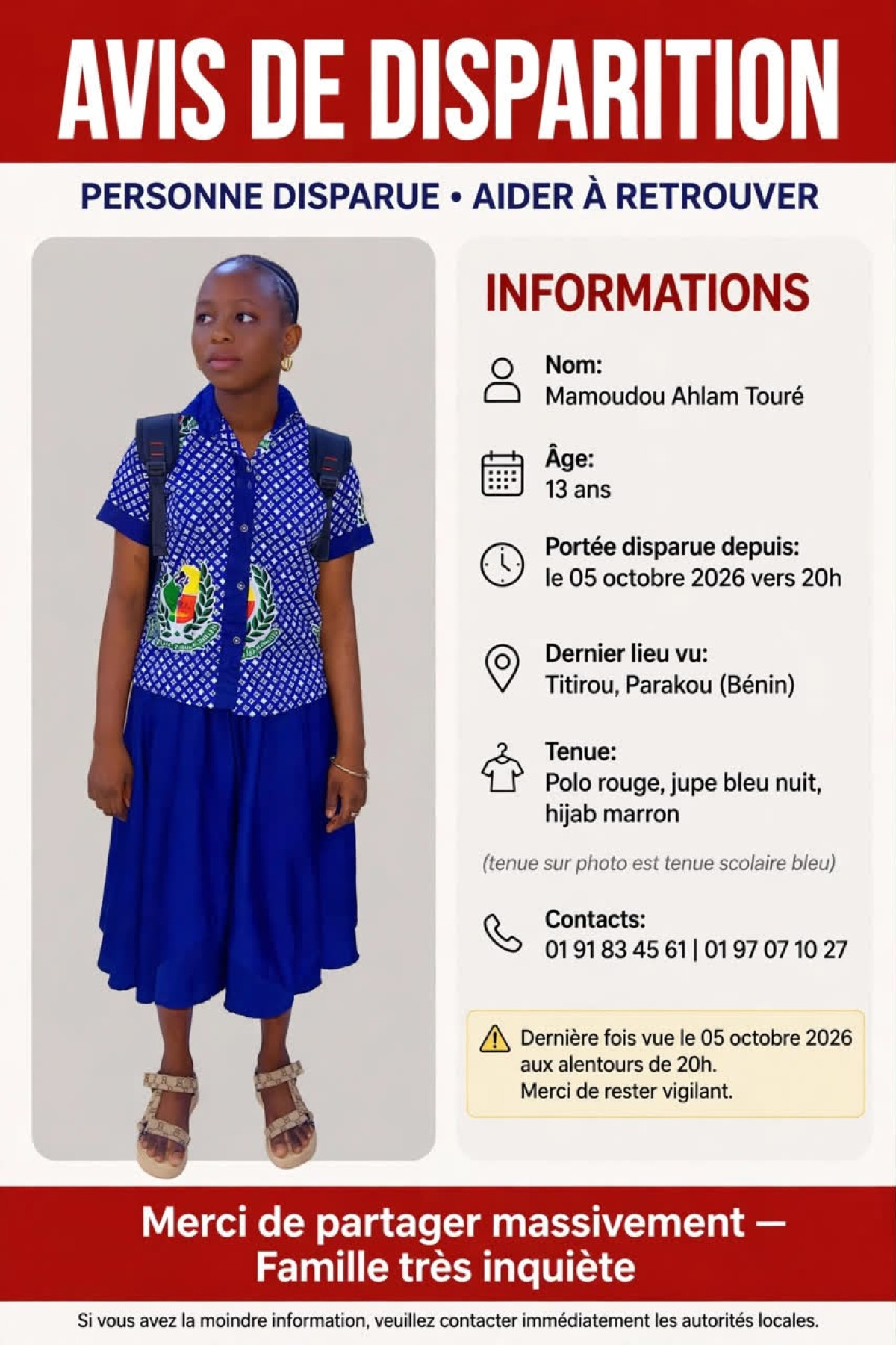 Disparition d'une élève à Parakou: inquiète, sa mère explique et lance un appel à la population