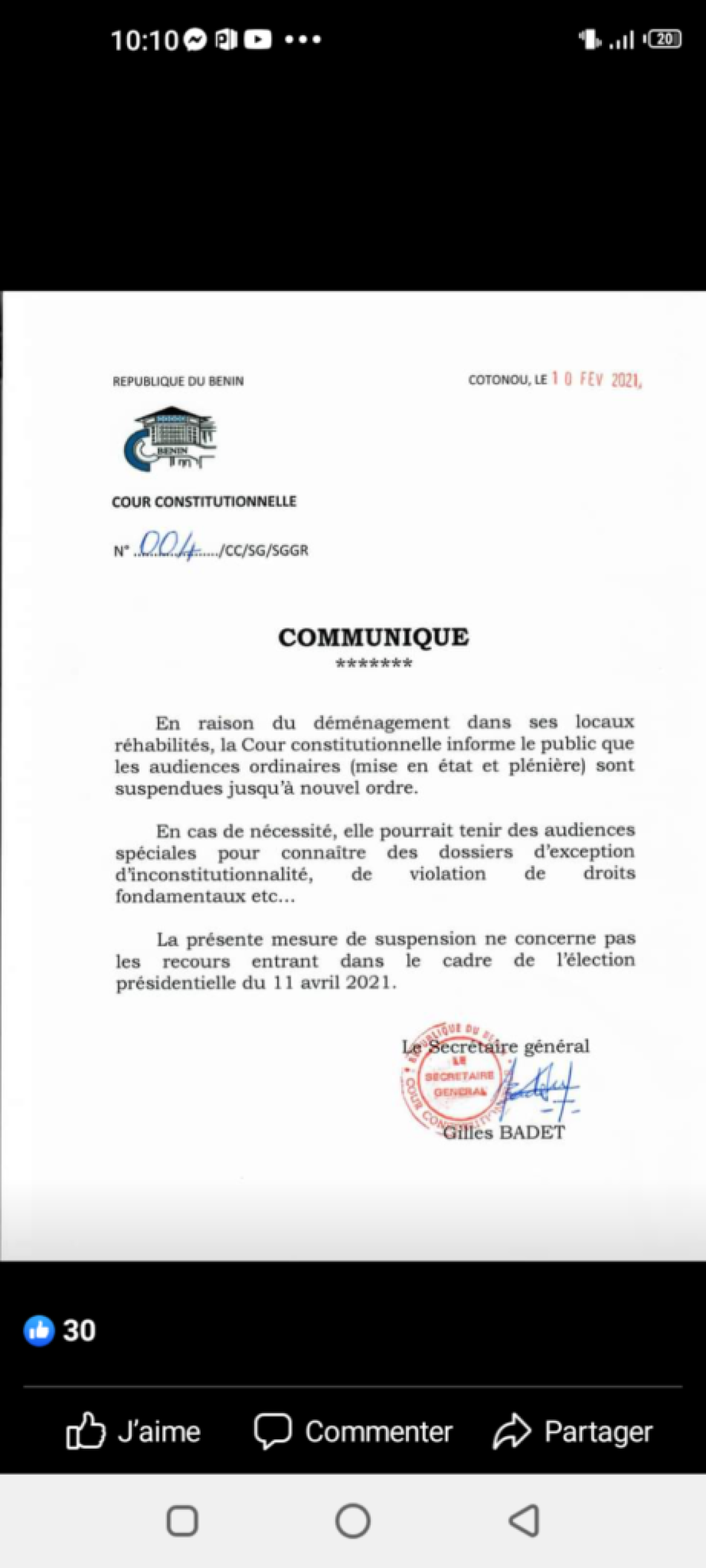 COUR CONSTITUTIONNELLE : Les audiences ordinaires suspendues