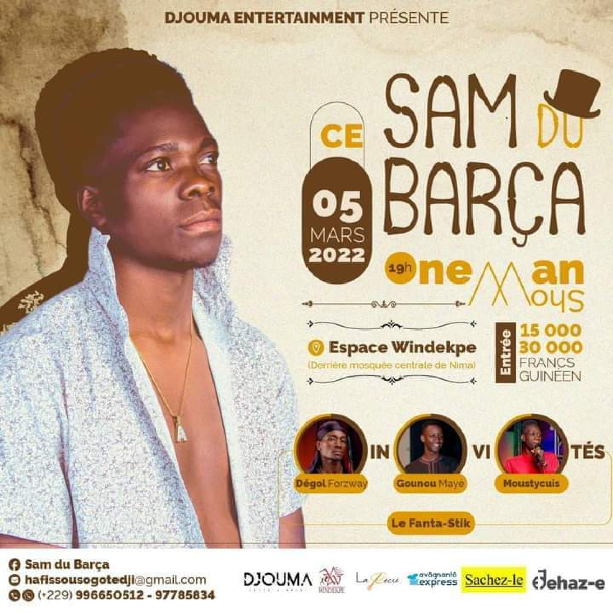 GRANDE SOIRÉE DE FOU RIRE À PARAKOU : L&rsquo;humoriste Sam du Barça en « One Man Show » le 5 mars