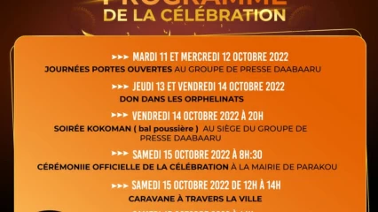 AN 5 DU GROUPE DE PRESSE DAABAARU À PARAKOU : La semaine de l&rsquo;apothéose . L&rsquo;intégralité du calendrier de la célébration