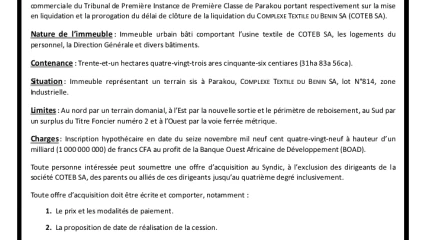 ANNONCE : Lire un avis de cession globale des actifs de la société Coteb Sa