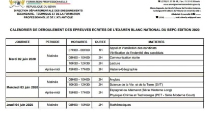 BÉNIN/ÉDUCATION NATIONALE : Voici le calendrier des examens blancs du Bepc et Bac